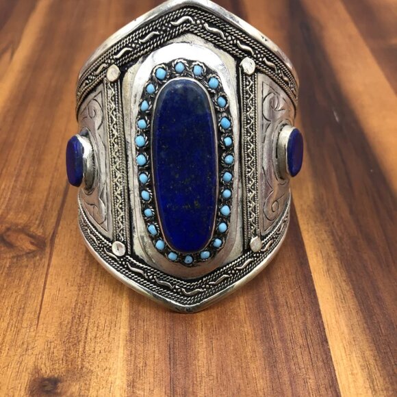 Single Vintage Afghan Cuff Bracelet: Lapis, Turquoise, Sterling Silver Tribal - Picture 10 of 12